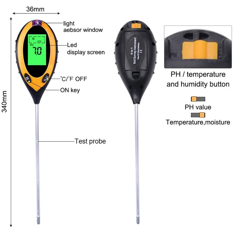 Jord ph meter 4 in 1 digital jord ph meter med fugt lys ph tester til plantning af haven gård græsplæne udendørs