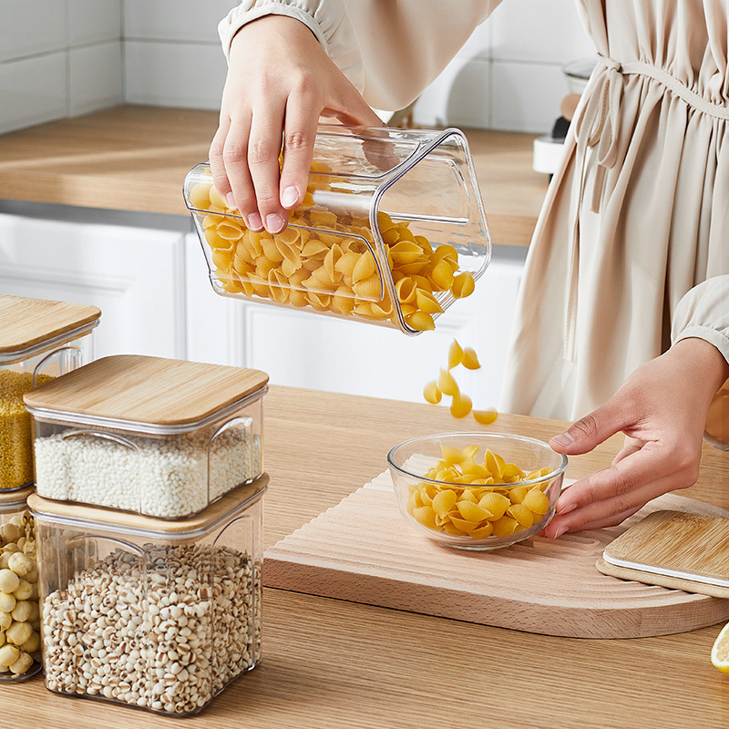 PET Plastic Food Sealed Storage Box with Bamboo Lid Coffee Beans Pasta Kitchen Storage Containers Household Kitchen Organizers