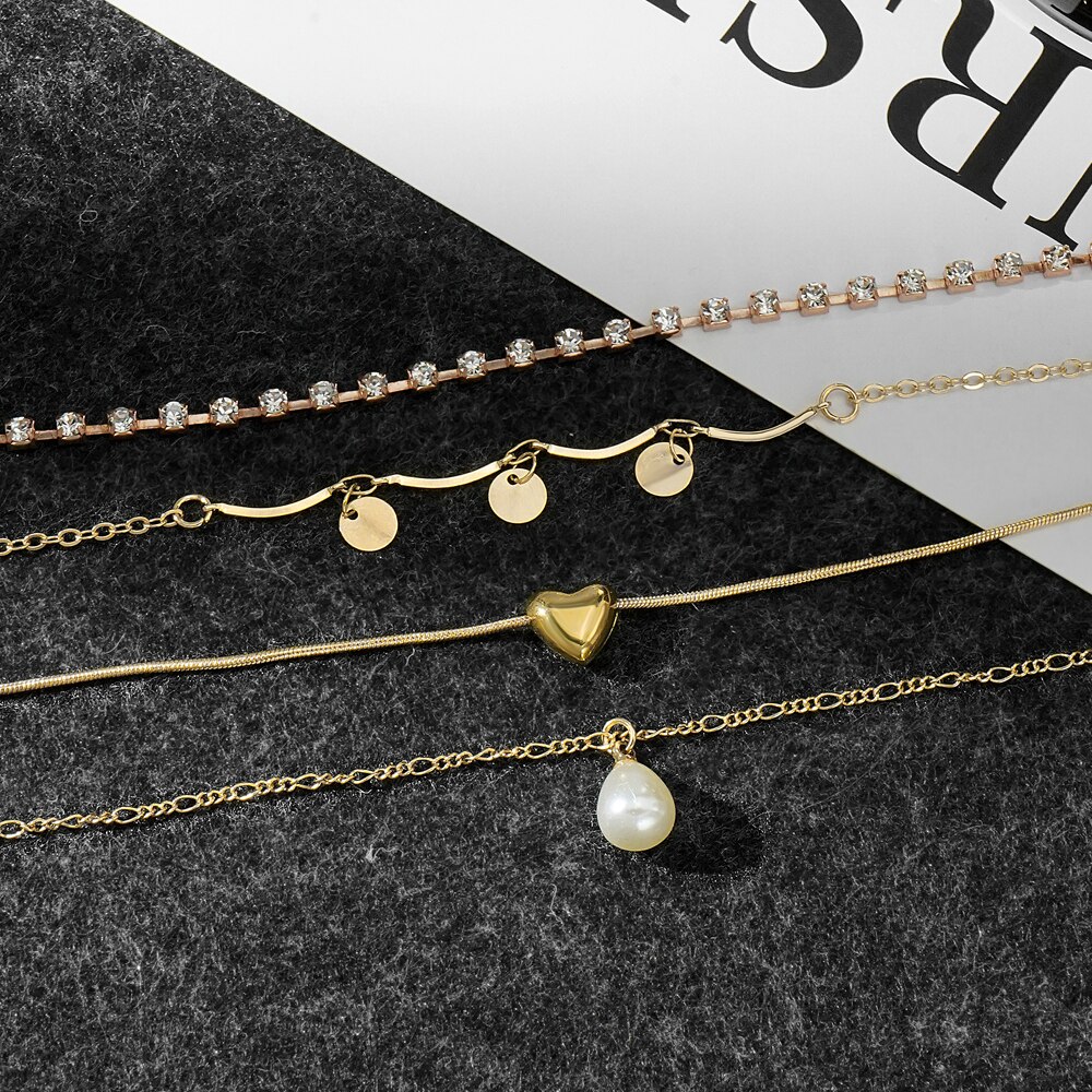 EN – Bracelet de cheville rétro pour femmes, ensemble de 4 pièces, goutte d'eau, perle, cœur, paillettes, style bohème, bijoux de plage, à la