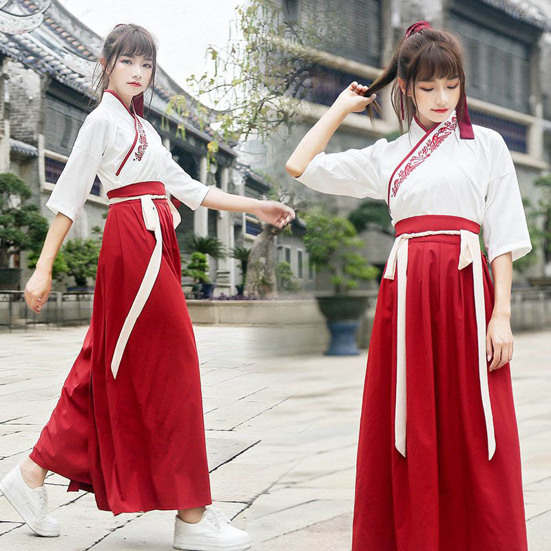Hanfu Kostuum Chinese Stijl Borduurwerk Hanfu Kostuum Chinese Oude En Traditionele Vrouwen Kleding Volksdans Kostuum DQL1151: Red / XXL