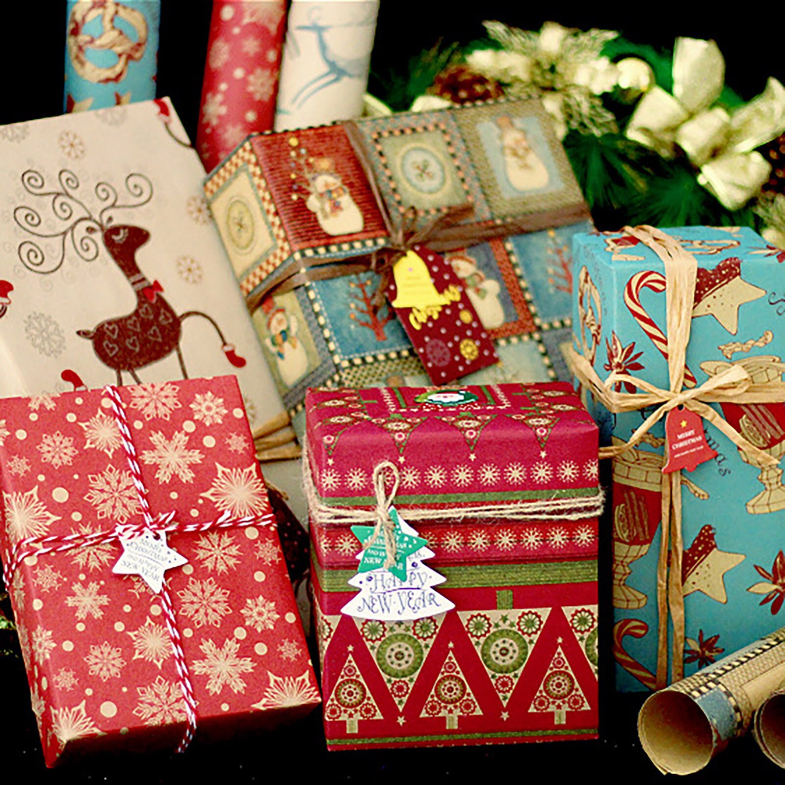 Rouleau de papier d'emballage de noël impressions Vintage papier d'artisanat renne brun dos Kraft emballage emballage papier décoratif