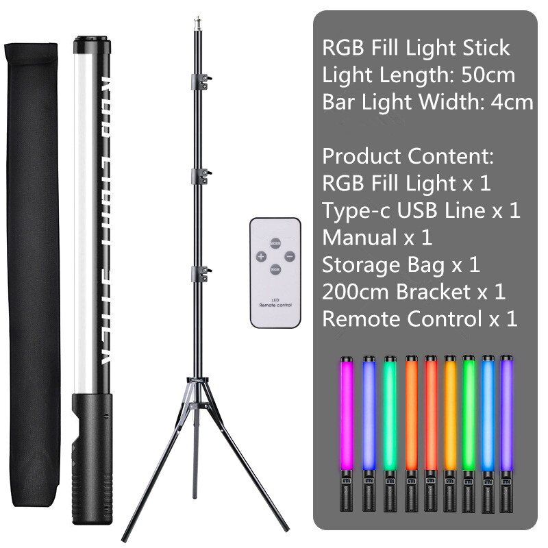 Bâton de lumière RGB portable, Rechargeable par USB, avec supports de trépied, support de fête, lampe de remplissage, 3200-5600K: 2m Tripod Kits