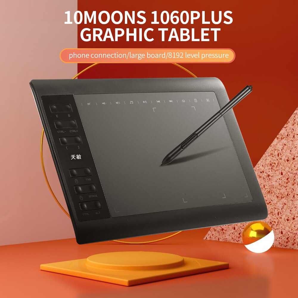 10moons-tableta gráfica 1060 Plus, tablero grande de 10x6 pulgadas, área exclusiva de pintura telefónica con bolígrafo pasivo de 8192 niveles, 5080 LPI
