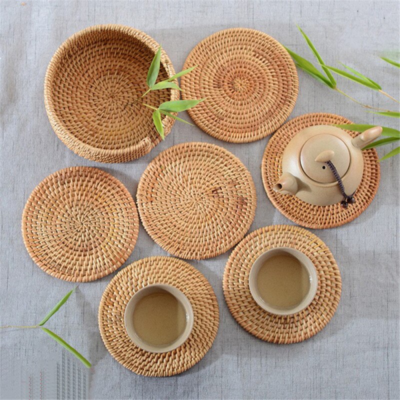 Rattan Weave Cup Mat Set Drink Coasters Round Pot Pad Table Dish Placemat Home Decoration Insulation Handmade