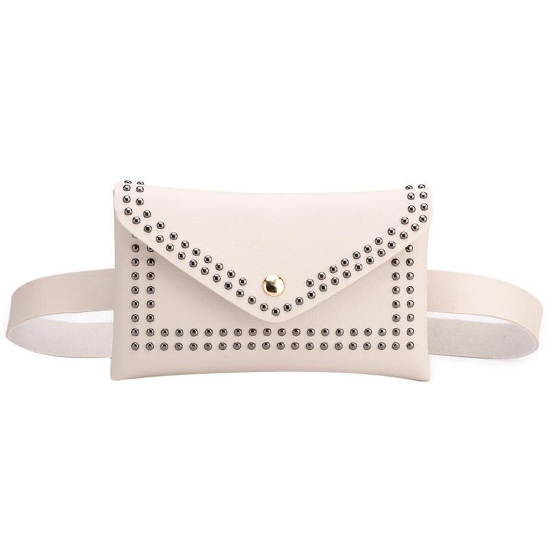 Punk Solid Color Rivet Shoulder Waist Bags Female Girls Fanny Belt Packs Women PU Leather Crossbody Casual Messenger Chest Bags: White