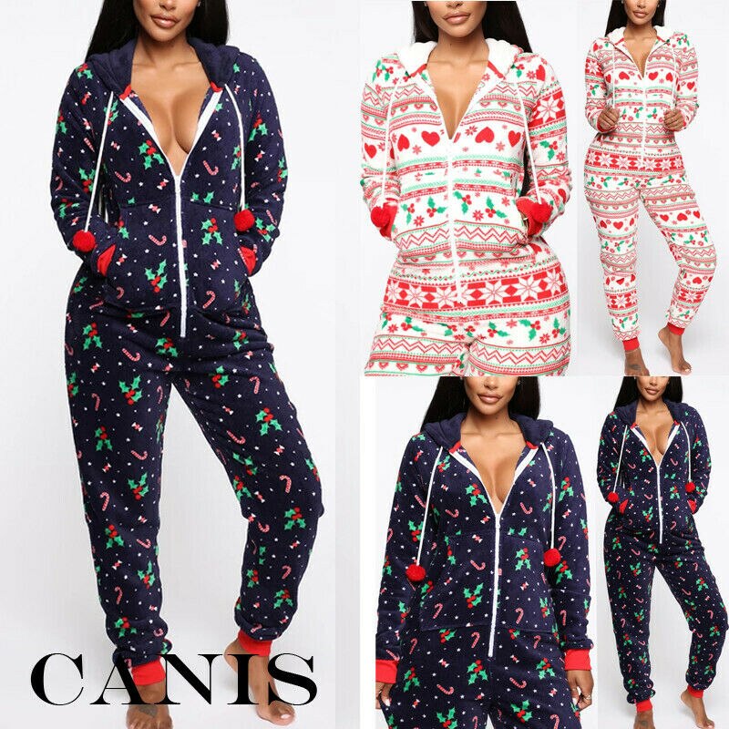 Family Matching Women Romper Christmas Pyjamas Xmas Nightwear Jumpsuits Long Sleeve Hooded Ladies Winter Warm Homewear