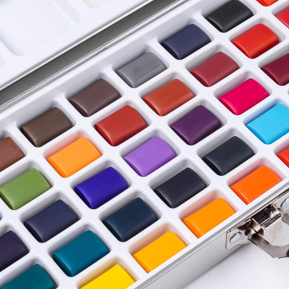 50/90 Colors Solid Watercolor Paint Set Contains Brushes in a Portable Metal Box for Beginner Drawing Painting Art Supplies