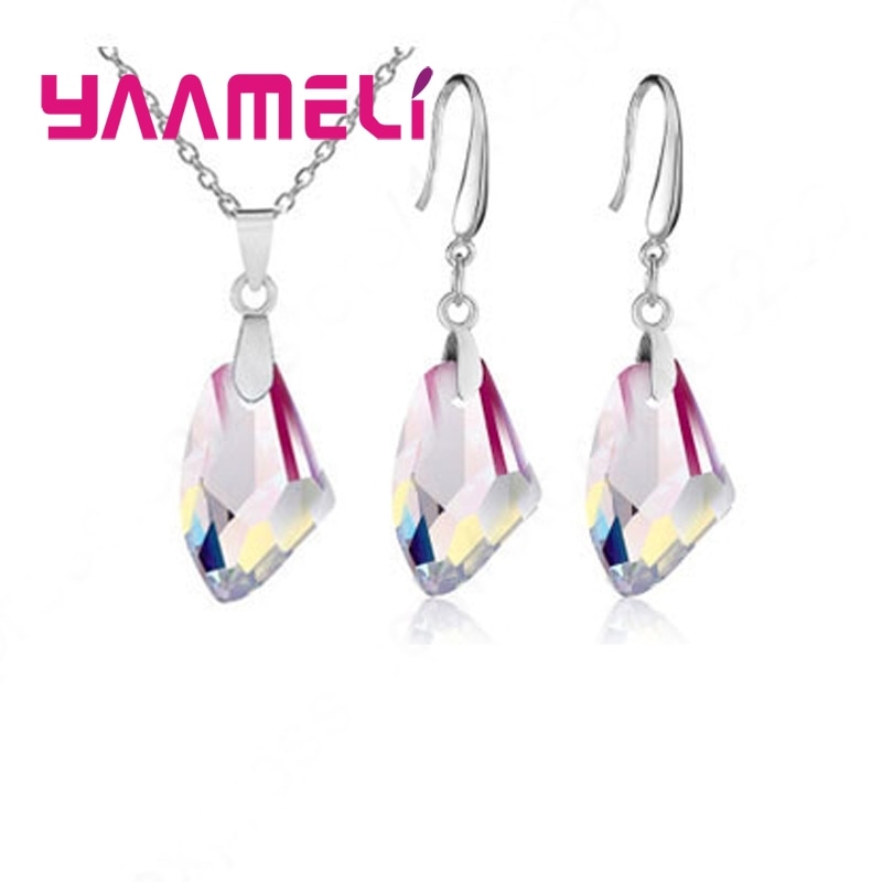 Ensemble de bijoux en argent Sterling 925, pendentif géométrique en cristal autrichien, collier, crochet, boucles d'oreilles, accessoire de mariage,