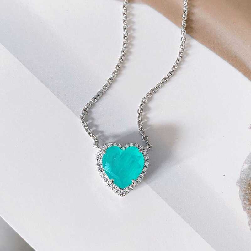 Oevas 100% 925 Sterling Zilver 10*10Mm Hart Synthetische Paraiba Toermalijn Hanger Ketting Voor Vrouwen Partij Fine Jewelry