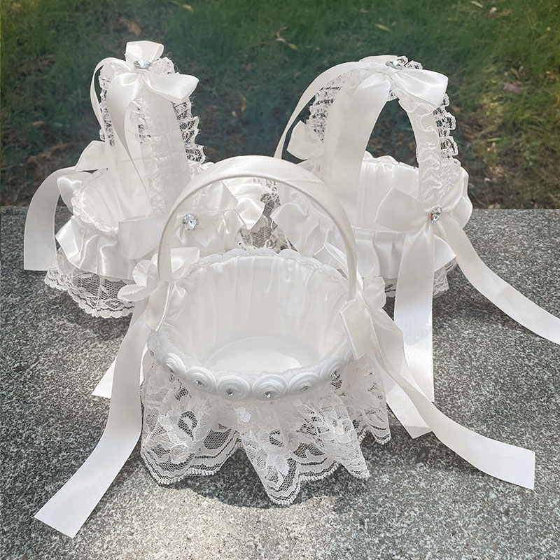 1pc White Wedding Flower Basket Lace Pearl Rhinestone Flower Petal Confetti Girls Basket For Wedding Engagement Party Decoration