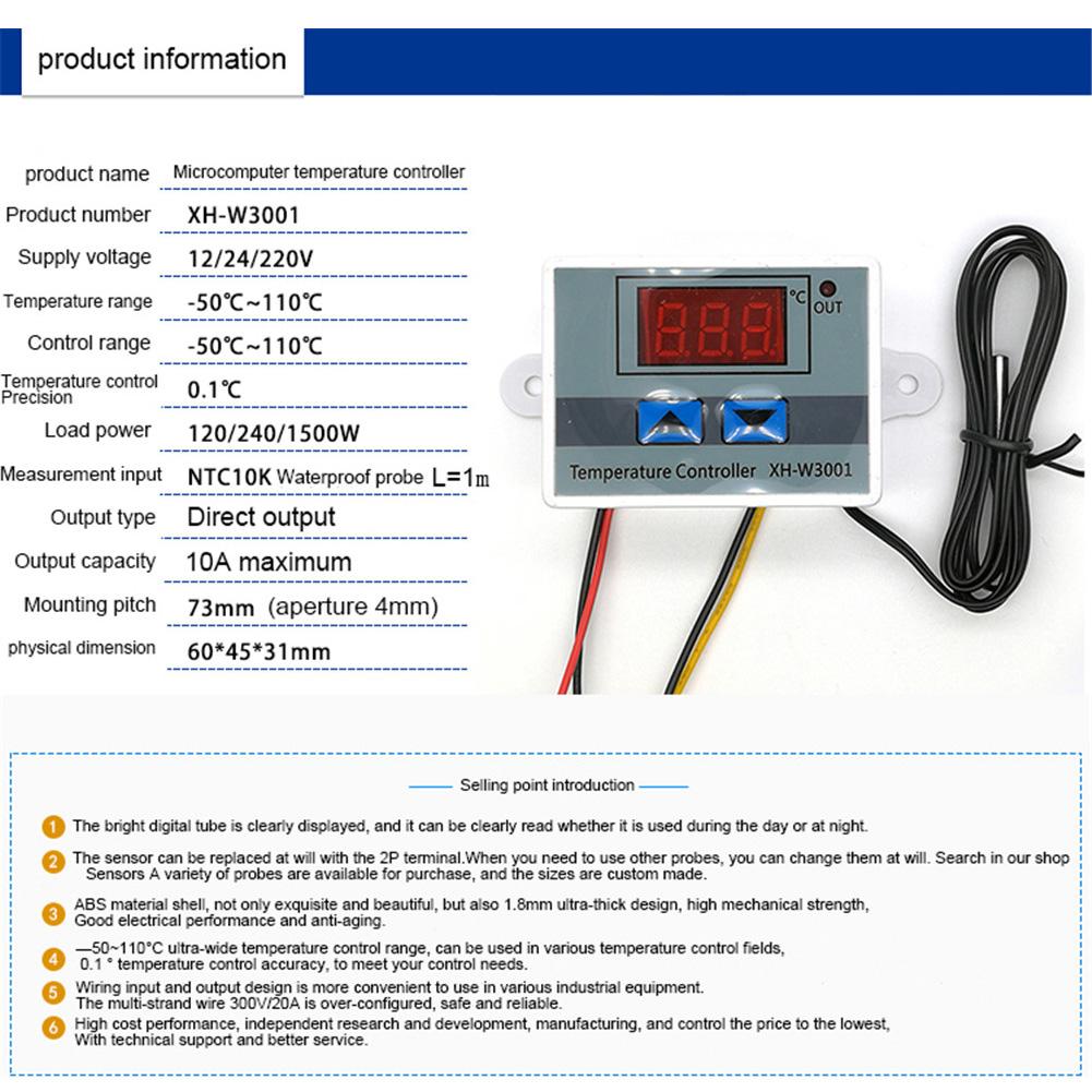 12V 24V 220VAC Digital LED Temperature Controller XH-W3001 For Incubator Cooling Heating Switch Thermostat NTC Sensor