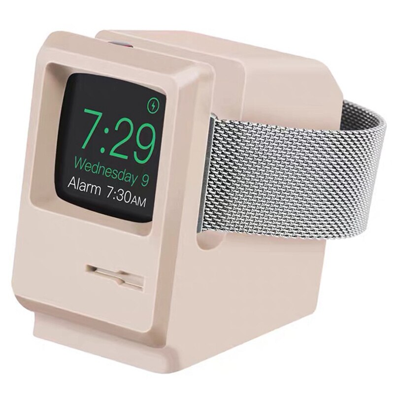 Voor Apple Horloge 7 6 5 4 Iwatch 3 2 1 Silicone Stand Charging Dock Houder Retro Computer Patroon Nachtkastje keeper Beugel Base: Pink