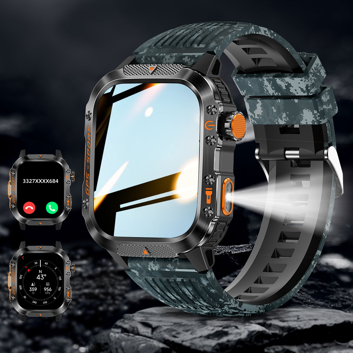 Nuovo accorto guarda costruito-in GPS a doppia frequenza Chiamata senza fili 3ATM Torcia portato impermeabile Bussola sport tutto'aria aperta da uomo Smartwatch: Grigio