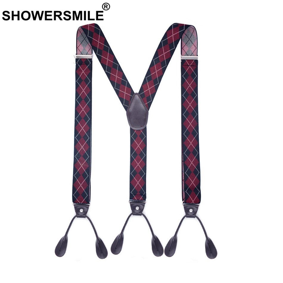 Showersmile seler knap y ryg argyle seler til mænd vintage bryllup elastisk mandlige skjorte seler med 6 knapper 120cm: Rød argyle