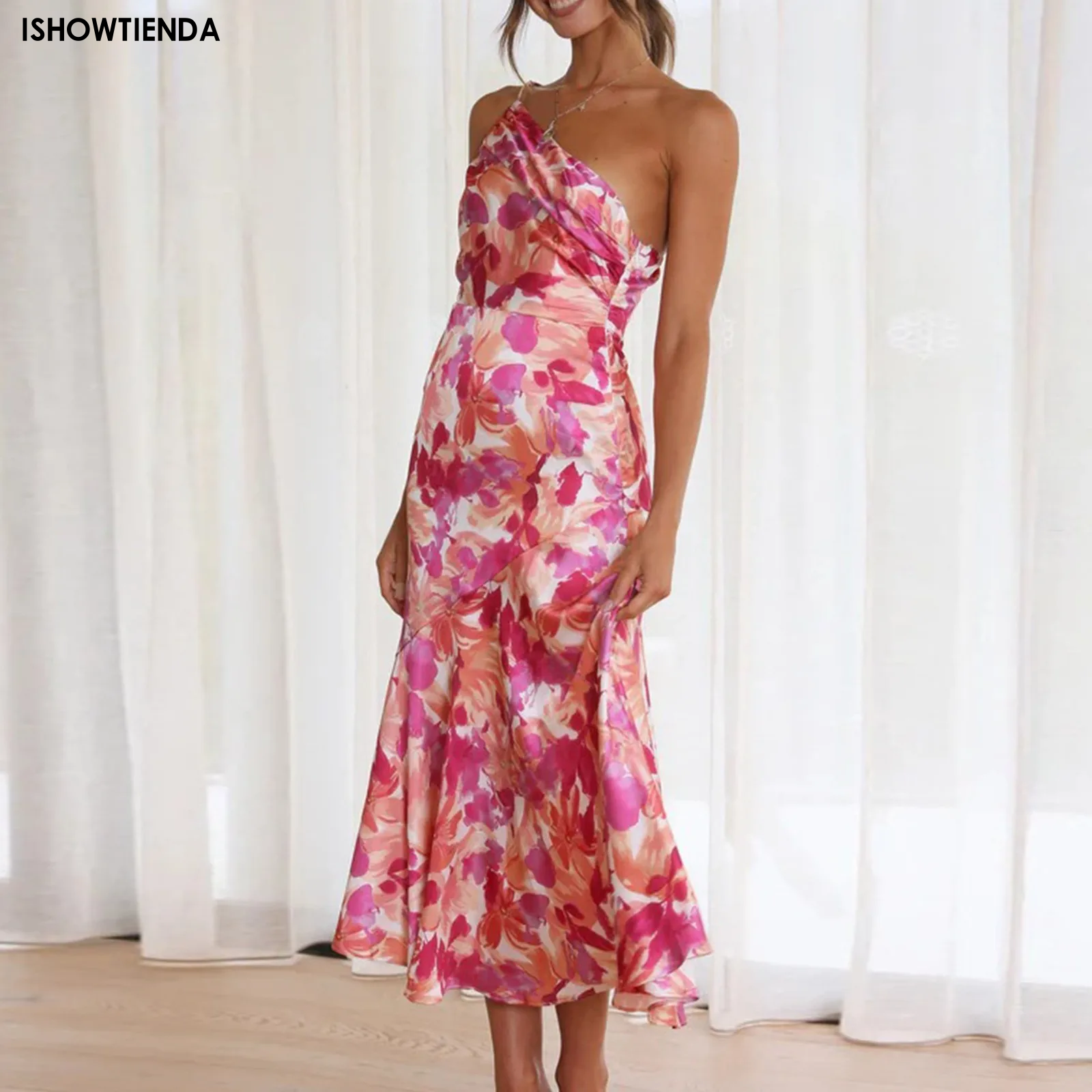 Stilvolles Fischschwanz kleid mit schrägem Hals riemen elegantes Kleid mit exquisiter Farbe und Blumenmuster