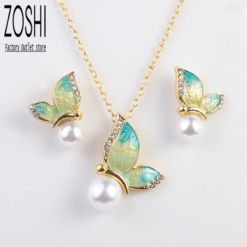 Bohemian Vlinder Kettingen Voor Vrouwen Gouden Ketting Gesimuleerde Pearl Stud Oorbellen Enamel Ketting Sets Winter Sieraden Set