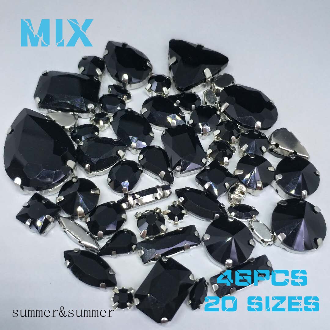 52 pcs 23 maten 10 vormen MIX Zwart vorm Kristalglas Naai-on Rhinestones zilverkleurige Bodem DIY vrouwen jurken sijishuizuan: Default Title