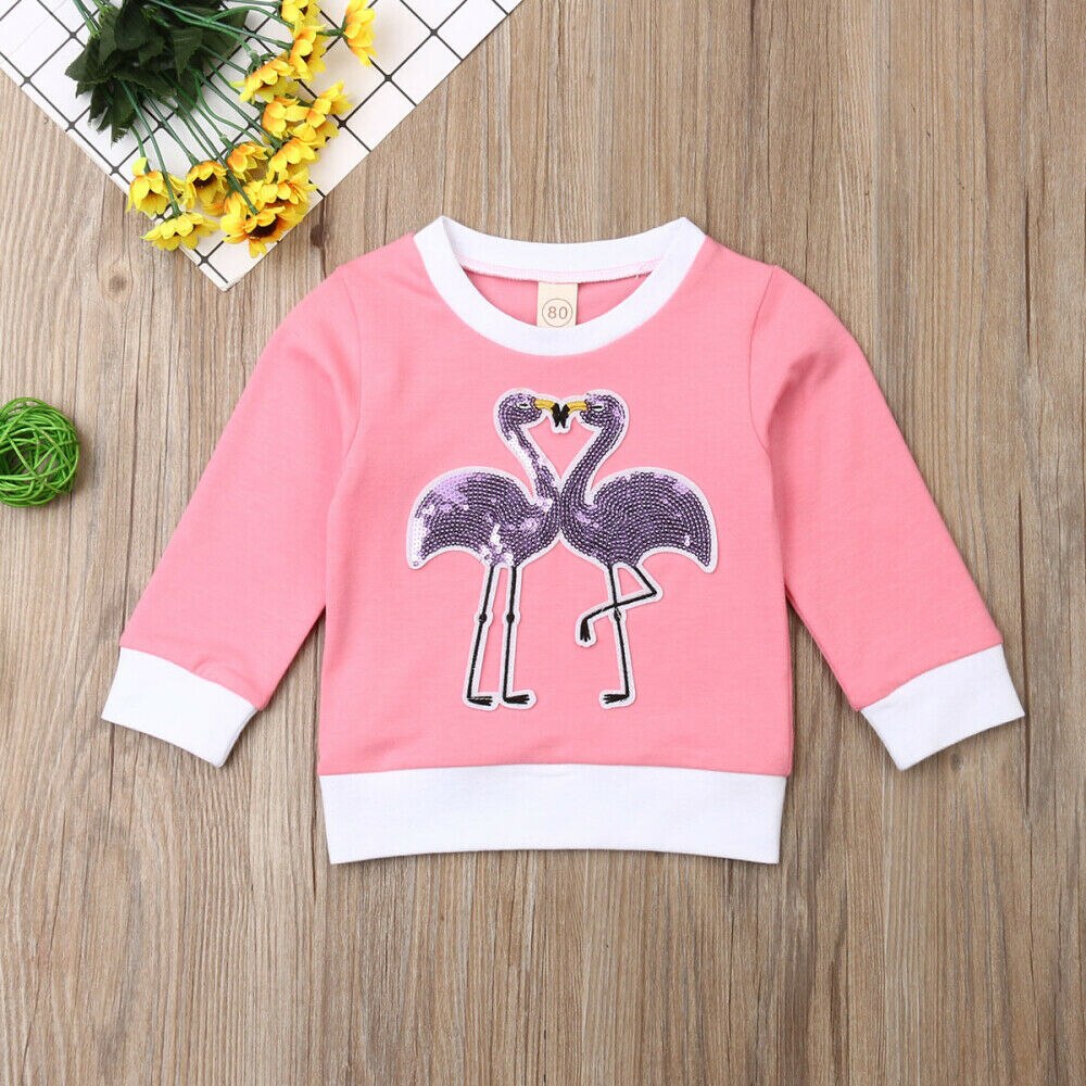 2019 Del Bambino di Autunno della Molla Capretti Dei Vestiti Del Bambino Della Ragazza Felpa Magliette e camicette A Maniche Lunghe T-Shirt Con Paillettes Flamingo Patchwork Vestiti 6 M- 4T