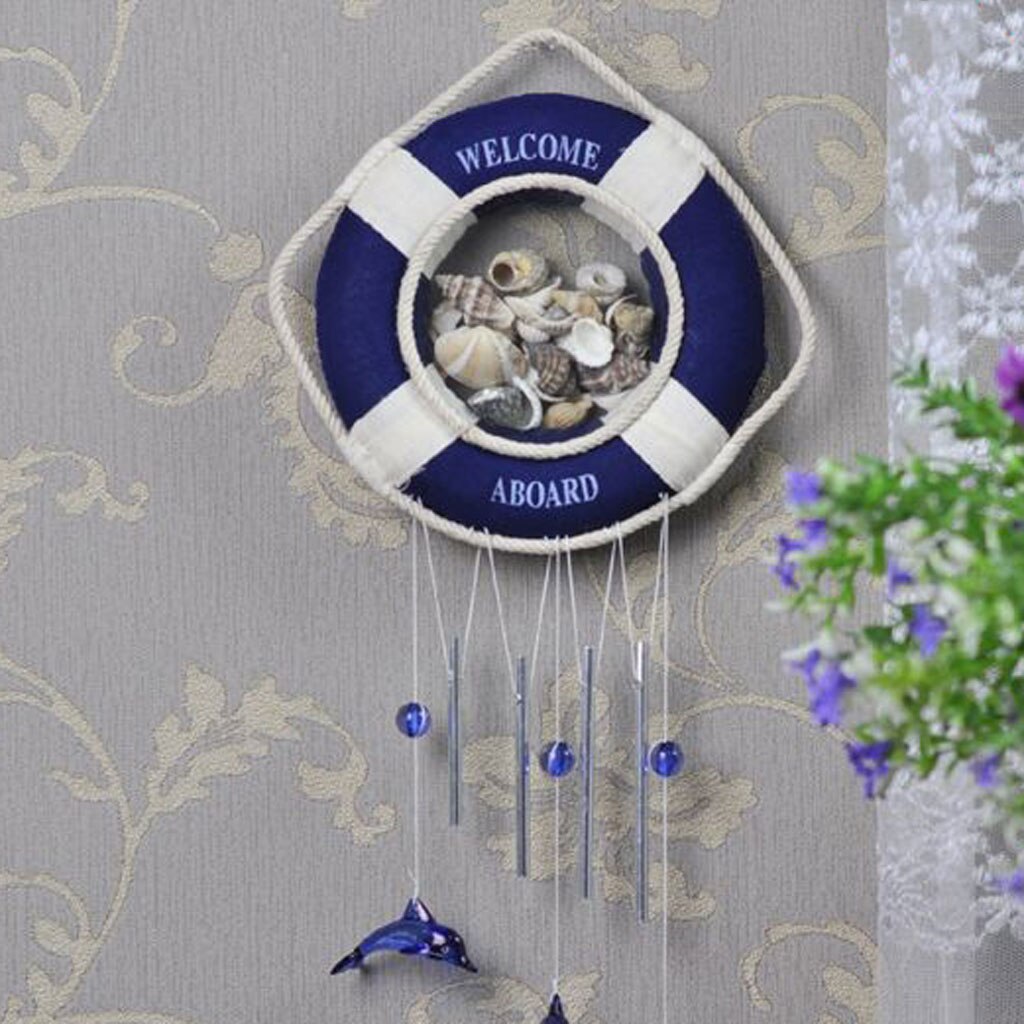 Boya de vida Vintage con concha náutica viento-decoración estilo CAMPANA PARA blanco y azul