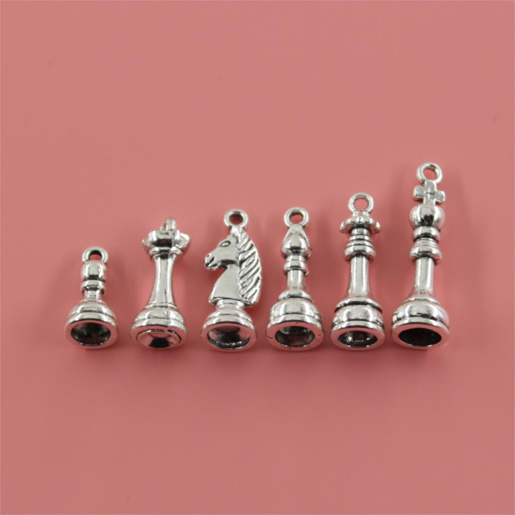 6piece Chess Charms Antique Bronze Plated Metal Alloy Pendants Jewelry Findings For Necklace: Antique Silver Plated