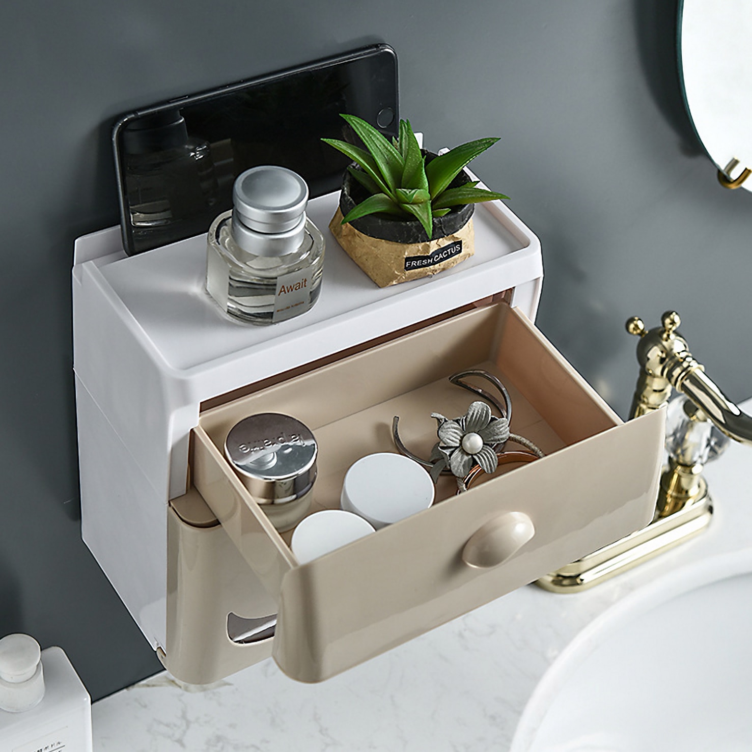 Three-in-one Tissue Box Toilet Paper Holder Waterproof Wall Mounted Paper Tray Roll Paper Tube Storage Box Bathroom