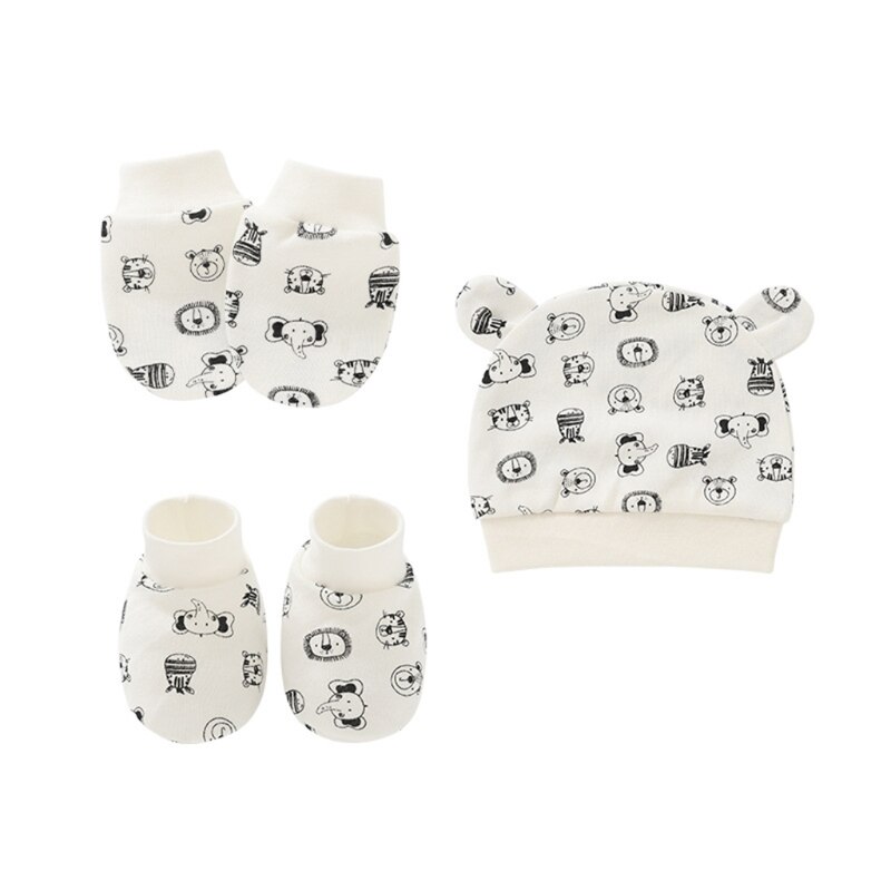 Baby Anti Scratching Cotton Gloves+Ears Hat+Foot Cover Set Mittens Socks Beanie 124D