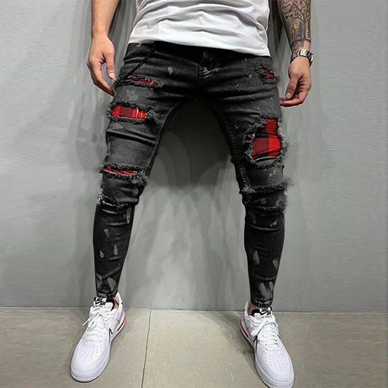 Heren Skinny Ripped Jeans Grid Bedelaar Patches Slim Fit Stretch Casual Denim Potlood Broek Schilderen Jogging Broek: 1993 Black / M