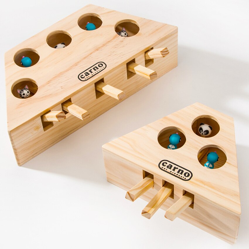 Cat Interactive Toys Whack Mole Mouse Exercise Toy Solid Wood Puzzle Box with 3/5 Cartoon Animals Hunt Toy for Pet Cat Kitten