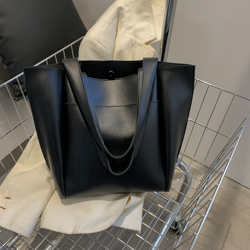 Tote casual da donna in morbida pelle di alta qualità Shopper in tinta unita Borsa a tracolla singola di grande capacità con tasca esterna: Style 2 Black