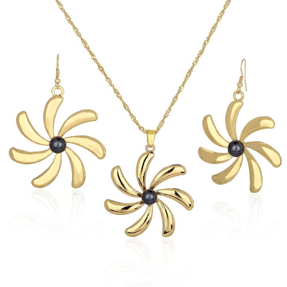 Cring Coco Mode Hibiscus Bloemen Sieraden Set Vrouwen Hawaiian Polynesische Vergulde Ketting Oorbellen Set: ZH0014GOGR