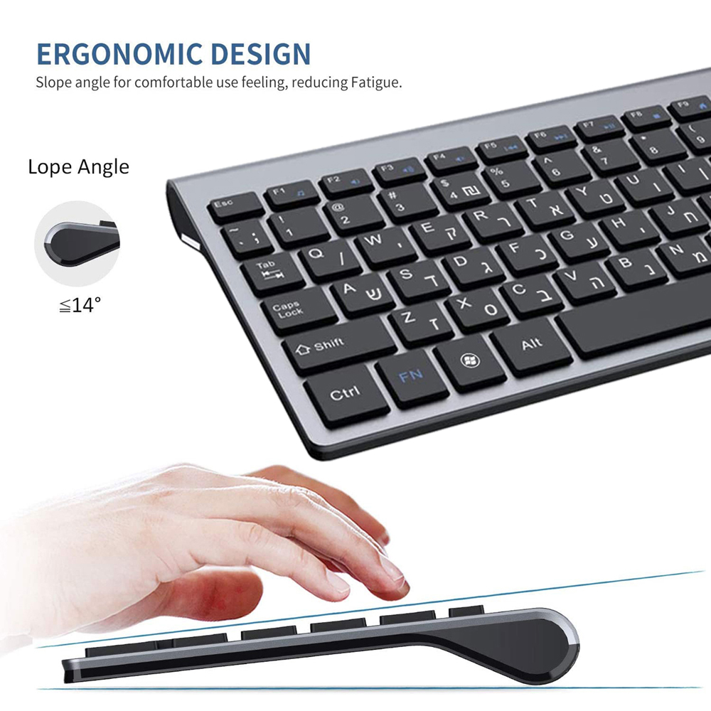 Hebrew Israel Wireless Keyboard Mouse Combos Ultra-Thin Multimedia Full-Size Keyboard and Mouse Low Noise for Notebook Laptop