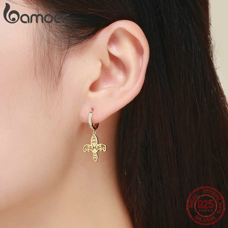 BAMOER Vintage Echt 925 Sterling Silber Iris fleur-de-lis Blume Gold Farbe Frauen Tropfen Ohrringe Ohrringe schmuck SCE535