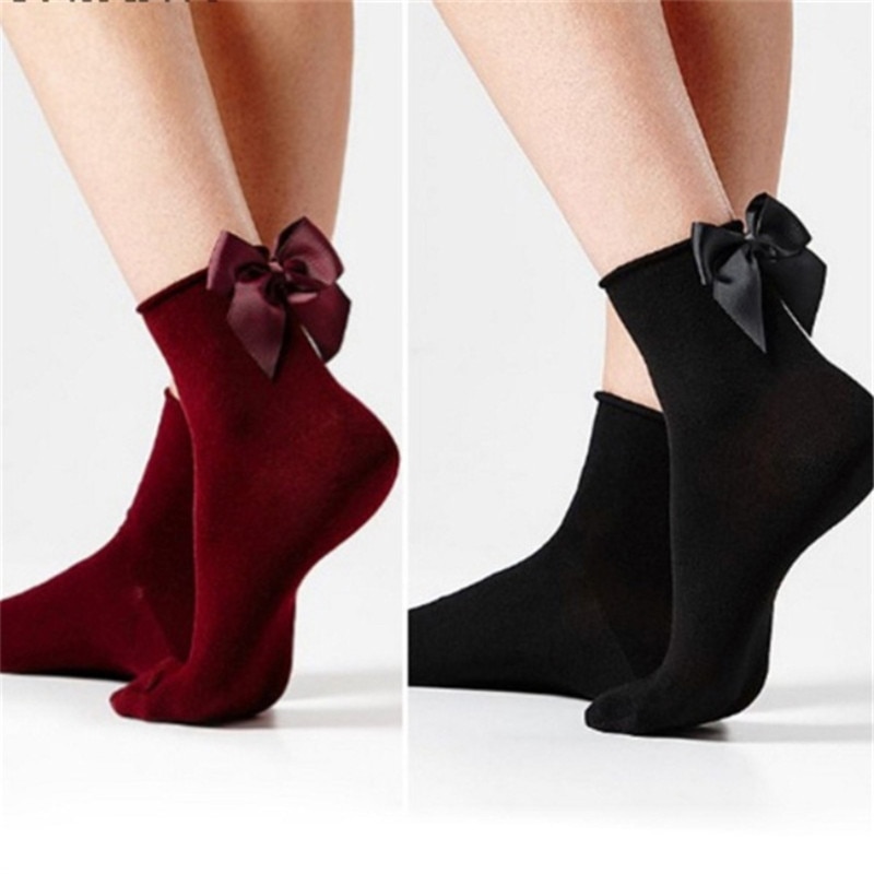 Chaussettes en coton à gros nœud pour femmes, à la , colorées, Kawaii, mignonnes, pour filles