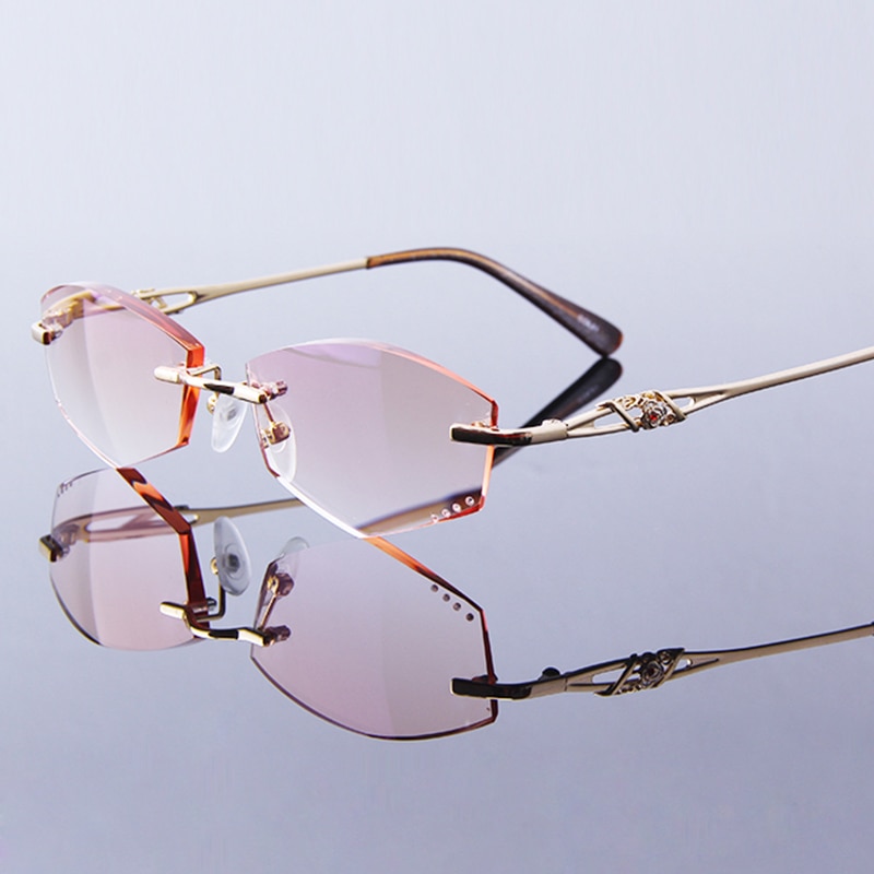 Leesbrillen voor dames met strass, leesbrillen voor computergebruik, randloos montuur, gouden presbyopische optische bril 004