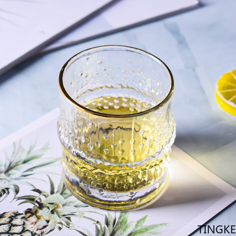 Japanese hammered glass with gold rim, square water glass crystal glass, round raindrop water glass, juice glass