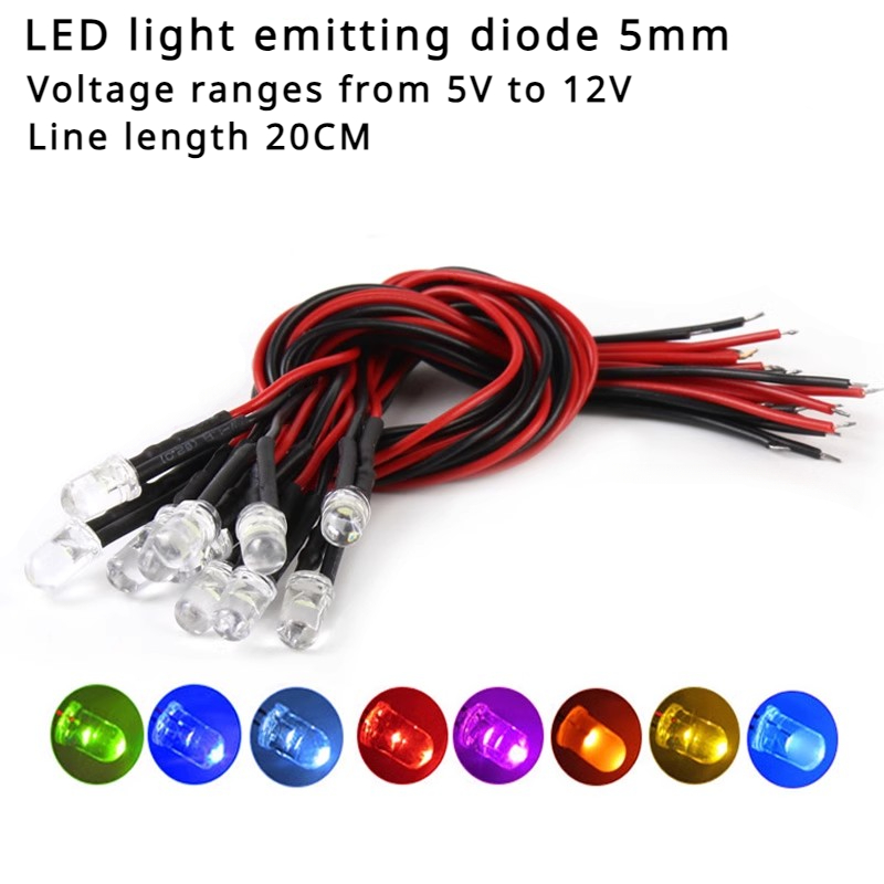 10/50 stk. 3v 5v 12v 24v dc 5mm vannklare ledet-dioder rød/grønn/blå/gul/uv/oransje/rosa/varm/hvit/rgb forhåndskablet 20cm- kabel