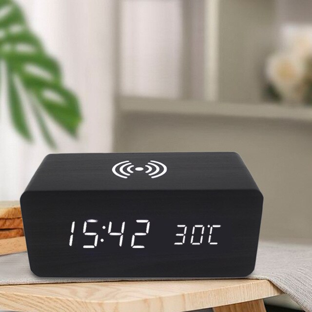 Wireless charging table clock digital alarm clock led decorative clock alarm clock table clock electronic clock with thermometer: Black  White