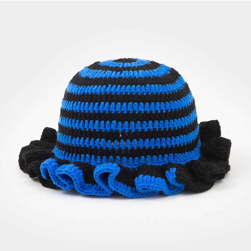 Colorful Crochet Ruffle Brim Knit Bucket Hats Winter Woman Handmade Stretch Fisherman Cap Outdoor Warm Windproof Beanie Hat: GRAY
