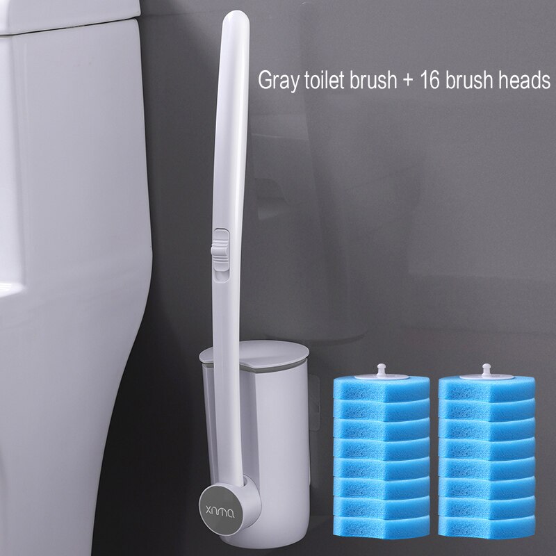Cabeça de escova substituível da escova do toalete do banheiro descartável e conjunto do êmbolo com punho longo nenhum canto morto escova de limpeza: Gray 16 brush head