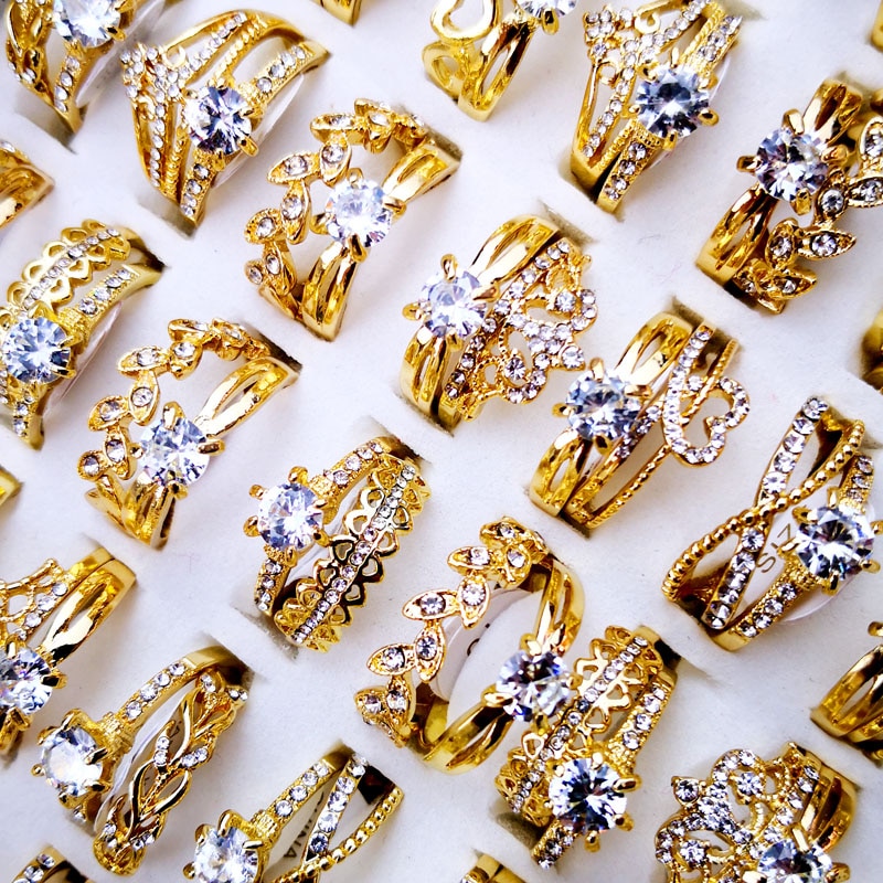 10 stk kvindelige ringe blandede stilarter guld og sølvzirkonringe meget kvindelige smykker bulks parti  lr4161