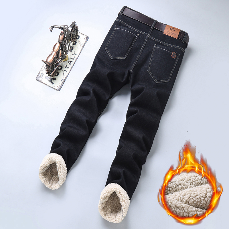 Pantalones vaqueros de lana cálidos de invierno para hombre 2025, pantalones vaqueros térmicos informales gruesos elásticos rectos, pantalones de trabajo de negocios para hombre, nueva ropa para hombre