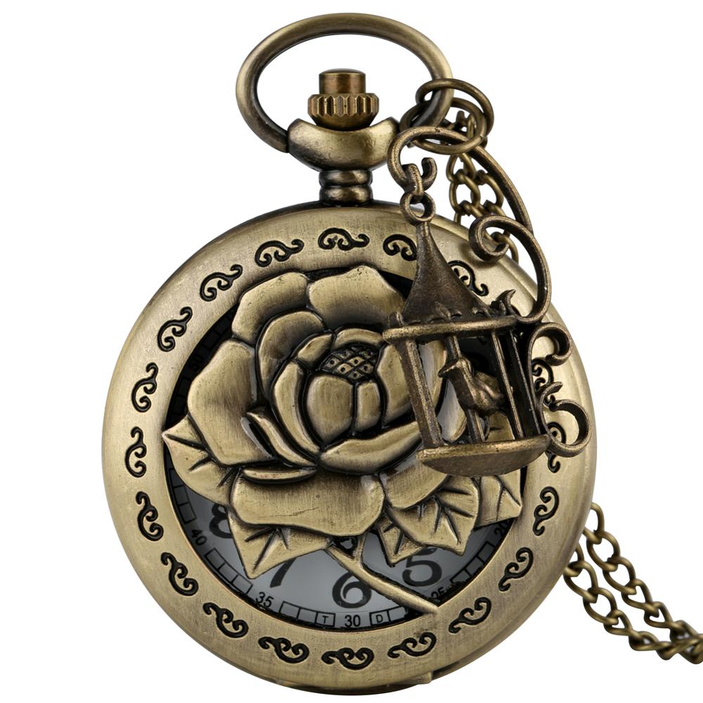 Reloj de bolsillo grabado Vintage de cuarzo rosa, exquisito collar hueco de flor completa, cadena, accesorio para mujer, reloj de bronce para mujer,: 2
