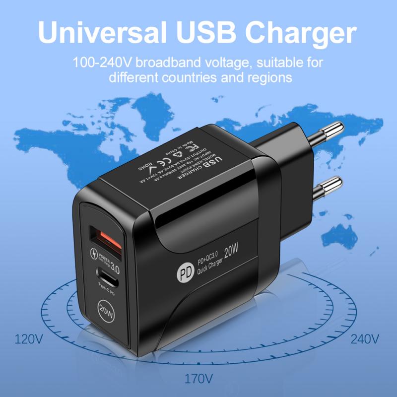 PD20W + Quick Charge 3.0 Usb Fast Charger Universal Wall Mobile Phone Tablet Chargers For Iphone 11 Samsung Huawei US EU UK Plug