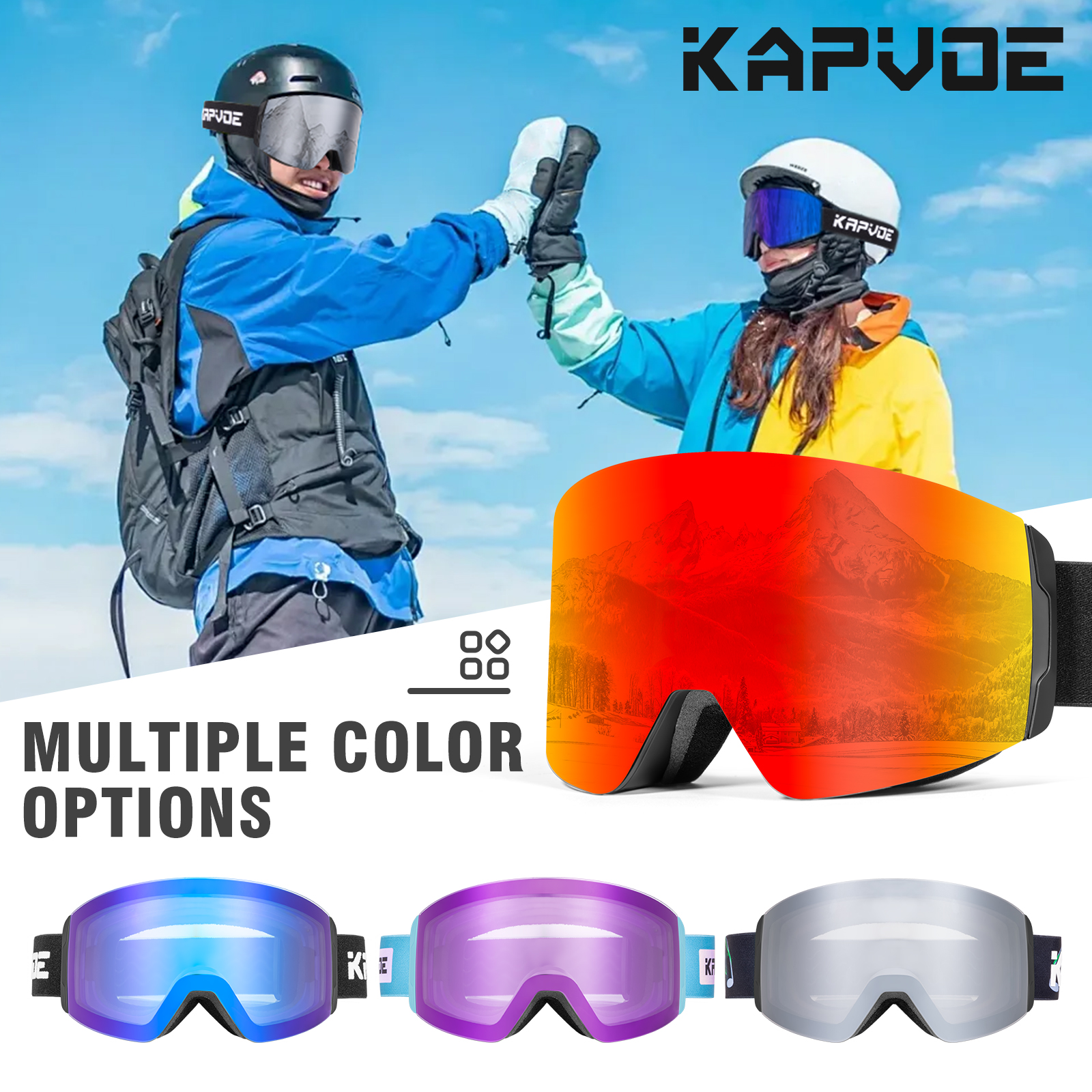 Kapvoe meekleurende skibril met magnetische anticondensglazen, beschermingsfactor  uv400, skibril voor dames en heren, wintersportbril.