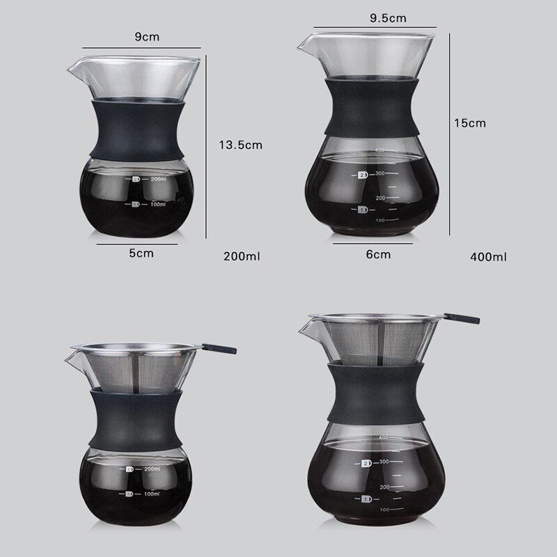 Glass Coffee Kettle w/ Stainless Steel Filter Drip Brewing Brewer Coffee Pot Barista Pour Over Coffee Maker