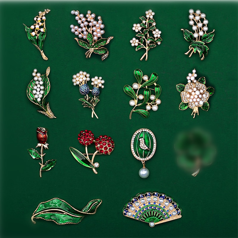 Huanzhi Retro Emaille Druipen Glazuur Parel Bel Orchidee Bloemen Groene Plant Broche Voor Vrouwen Kraag Accessoires Sieraden