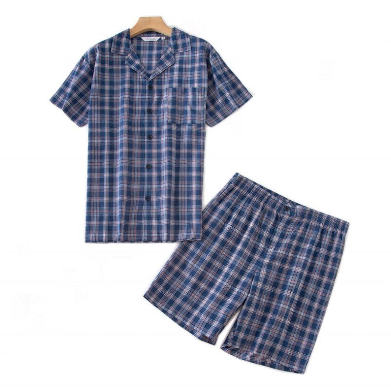 Verão masculino 100% algodão pijamas conjuntos de pijama de xadrez casual masculino terno de gola redonda manga curta cardigan camisa &amp; meia calças: C / XL