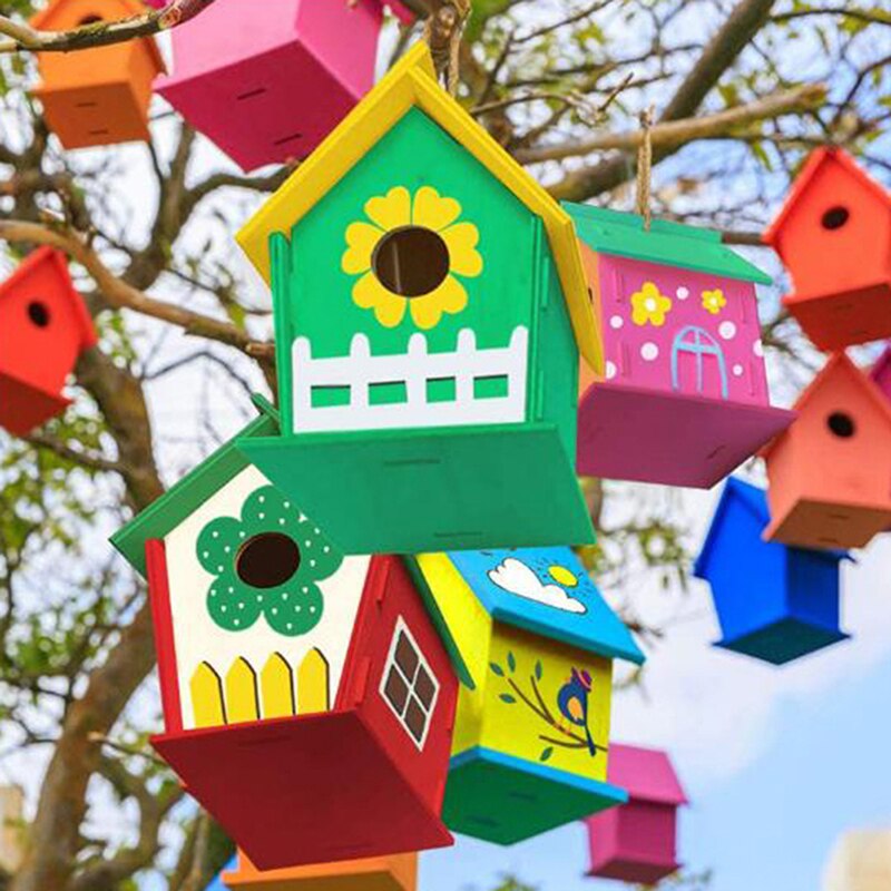 1 Pc Diy Mini Houten Vogel Huis Schilderen Borstel Kleurrijke Pigment Speelgoed Voor Kinderen