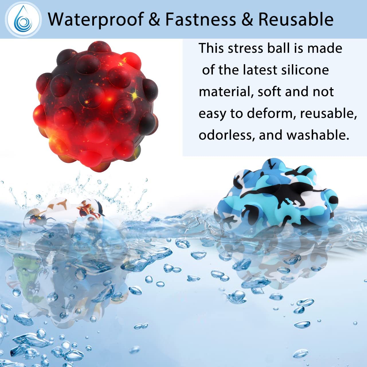 Pop Stress Ball Fidget Toy with Printed Pattern 3D Silicone Push Bubble Stress Anti-Anxiety Squeeze Sensory Bubbles Popping