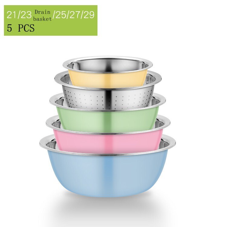 5PCS Stainless Steel Salad Bowl Drain Basket Drainer Mixing Bowls Set Kitchen Vegetables Fruit Washing Storage Container: 21-23-25-27-29 A